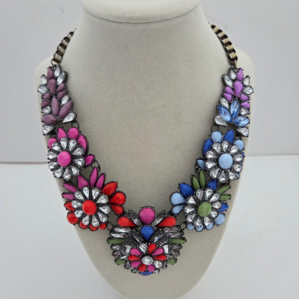 Boho Floral Bib Statement Necklace Colorful Crystal Resin Antiqued Gold‎ Tone